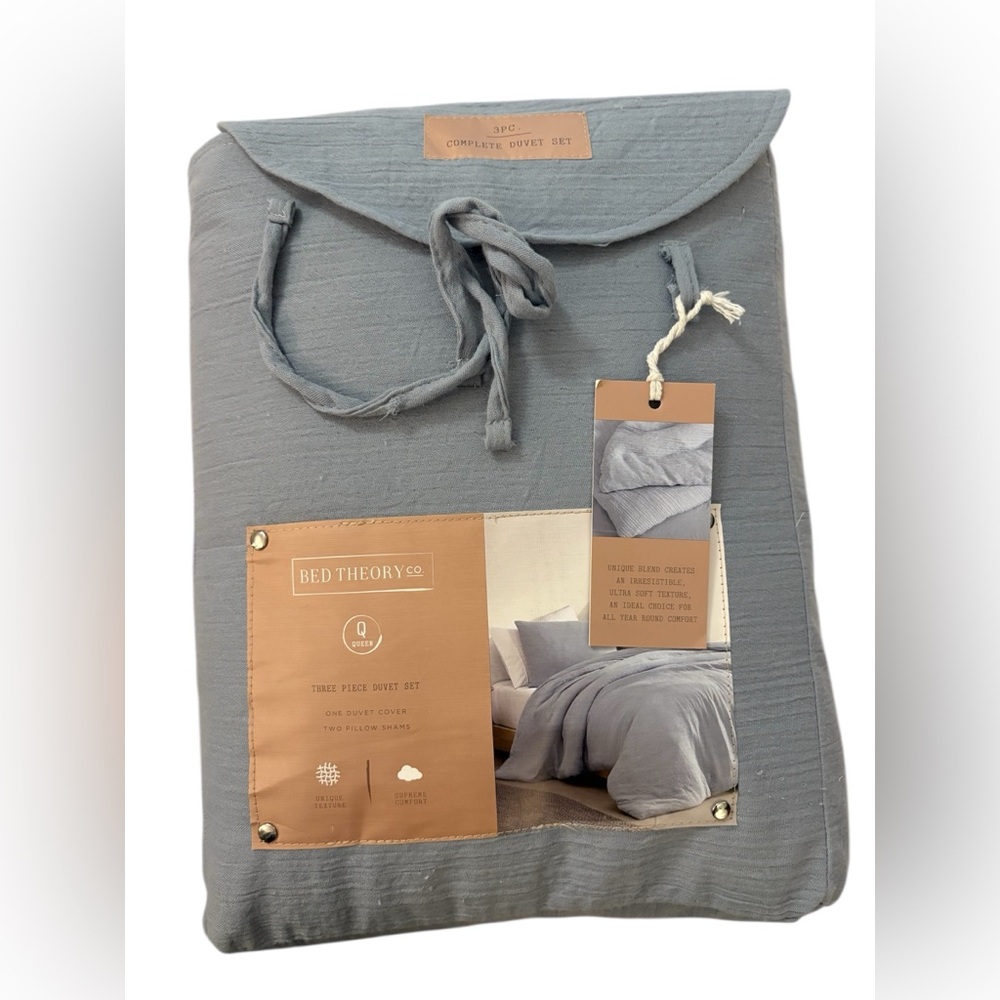 Bed Theory Co. 3 Piece Gauze Queen Blue Duvet Set Set 90”x90”
